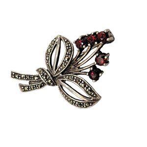 Marcasite and Red Garnet Floral Bouquet Brooch Sterling Silver 925 Setting